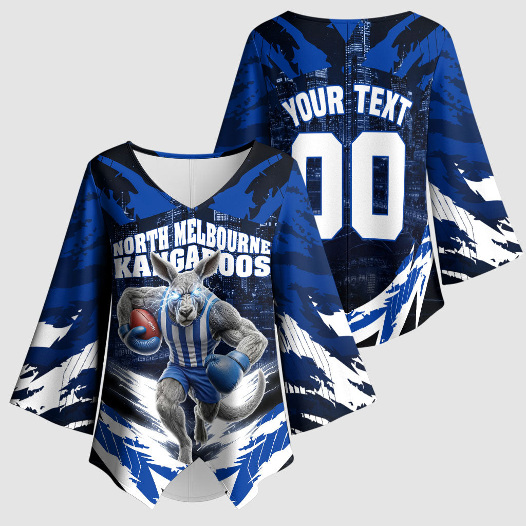 Personalised North Melbourne Kangaroos Football Kimono Sleeve Blouse Fierce Kangaroo Mascot 3D Grunge City Art