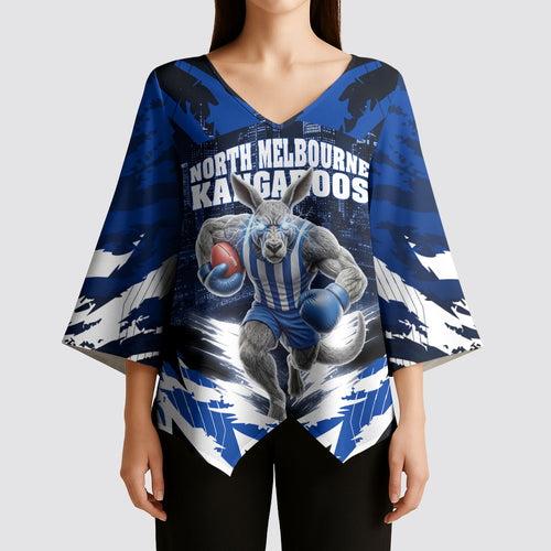 Personalised North Melbourne Kangaroos Football Kimono Sleeve Blouse Fierce Kangaroo Mascot 3D Grunge City Art