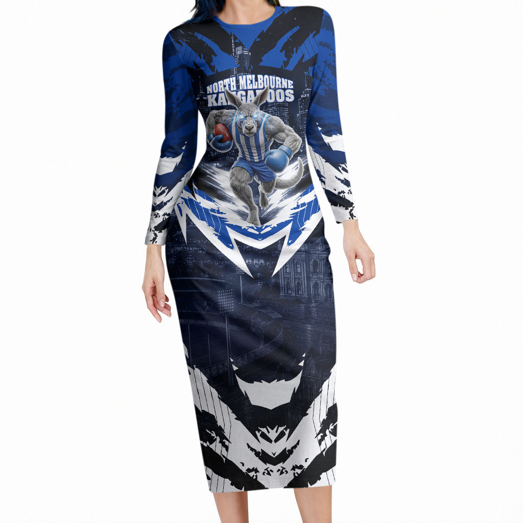 Personalised North Melbourne Kangaroos Football Long Sleeve Bodycon Dress Fierce Kangaroo Mascot 3D Grunge City Art