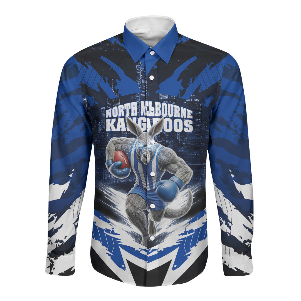 Personalised North Melbourne Kangaroos Football Long Sleeve Button Shirt Fierce Kangaroo Mascot 3D Grunge City Art
