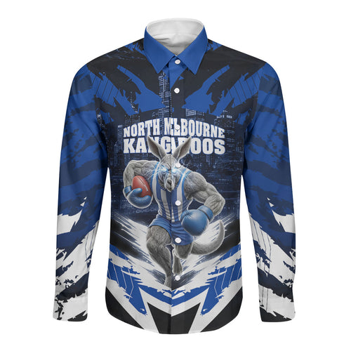Personalised North Melbourne Kangaroos Football Long Sleeve Button Shirt Fierce Kangaroo Mascot 3D Grunge City Art