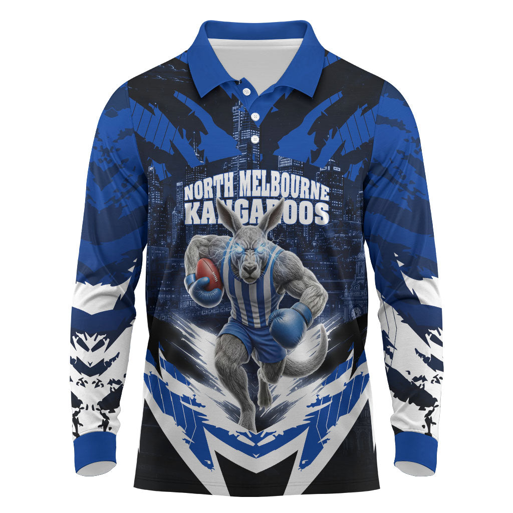 Personalised North Melbourne Kangaroos Football Long Sleeve Polo Shirt Fierce Kangaroo Mascot 3D Grunge City Art