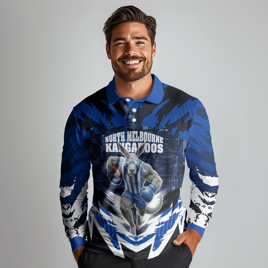 Personalised North Melbourne Kangaroos Football Long Sleeve Polo Shirt Fierce Kangaroo Mascot 3D Grunge City Art