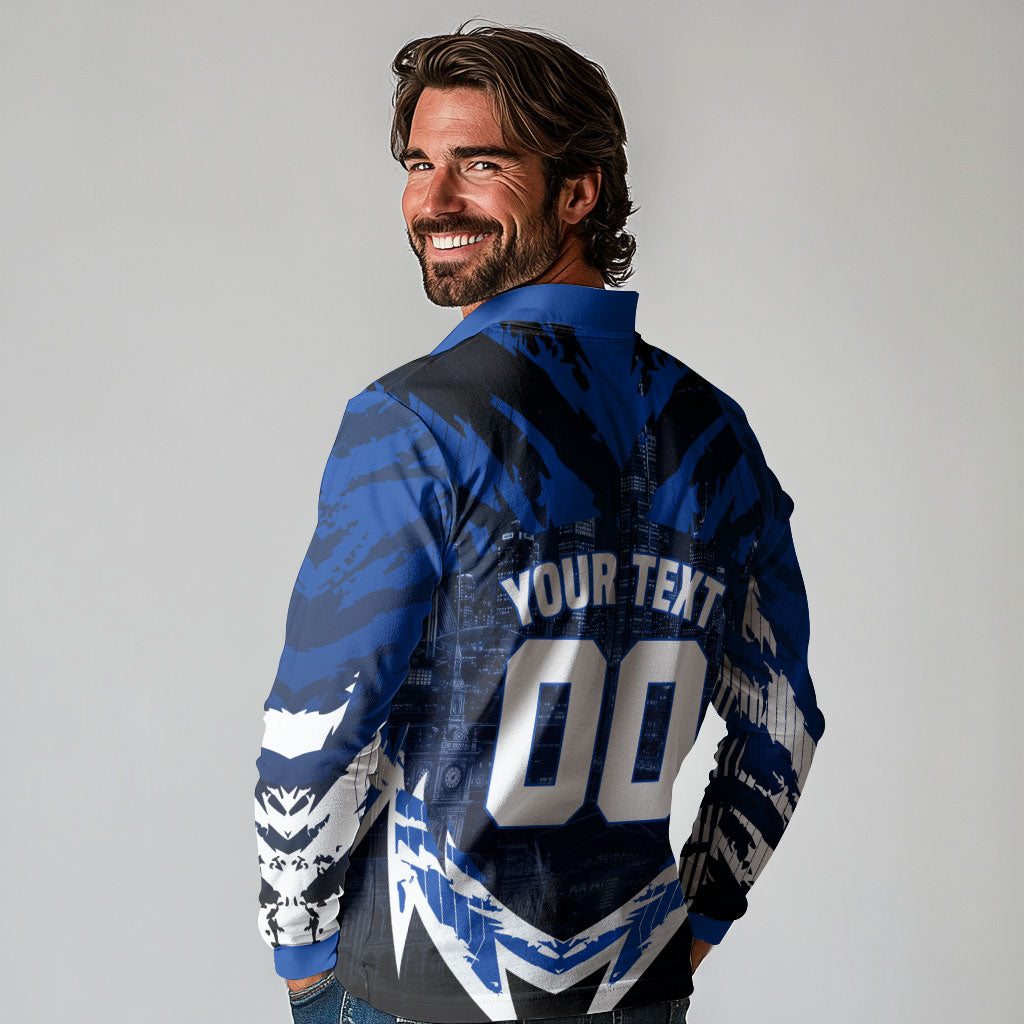 Personalised North Melbourne Kangaroos Football Long Sleeve Polo Shirt Fierce Kangaroo Mascot 3D Grunge City Art
