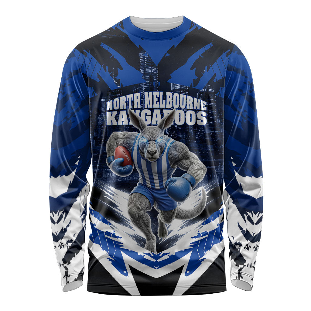 Personalised North Melbourne Kangaroos Football Long Sleeve Shirt Fierce Kangaroo Mascot 3D Grunge City Art