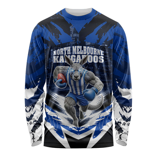Personalised North Melbourne Kangaroos Football Long Sleeve Shirt Fierce Kangaroo Mascot 3D Grunge City Art
