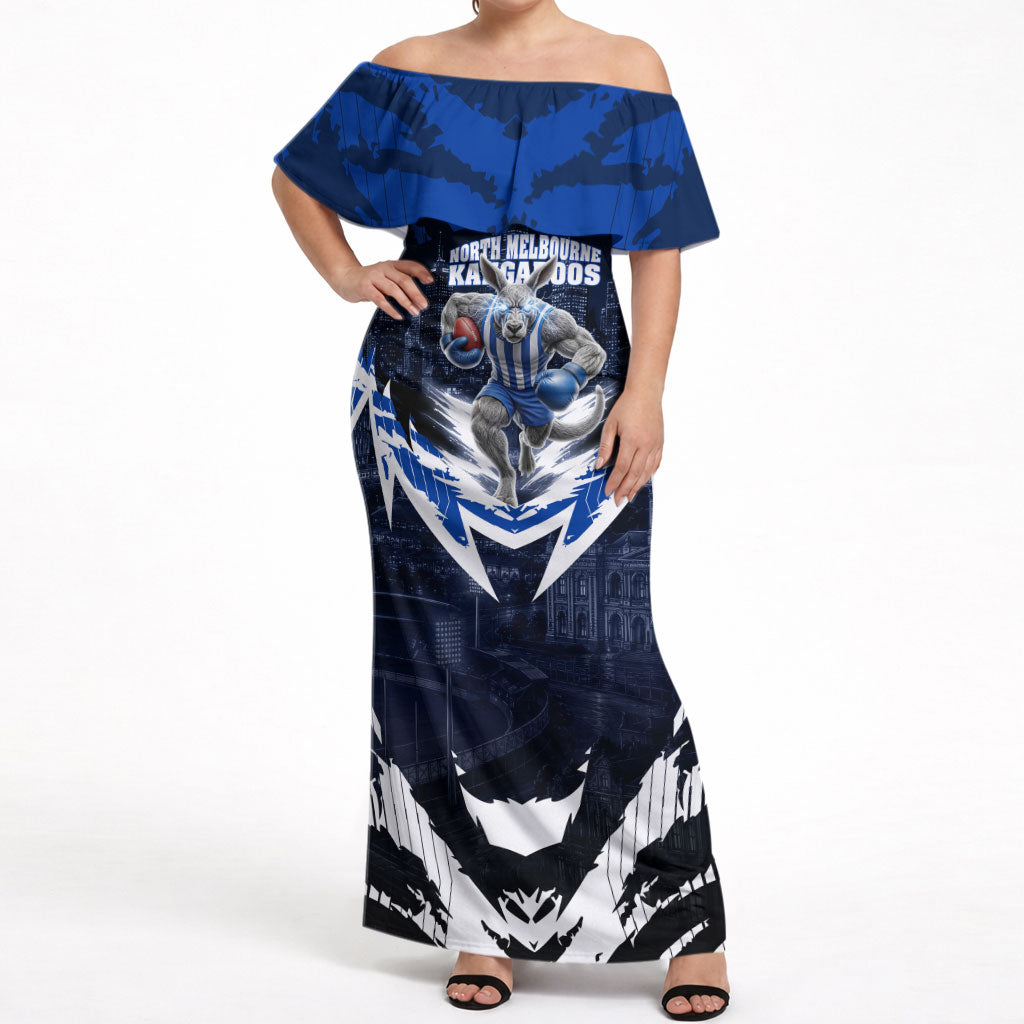 Personalised North Melbourne Kangaroos Football Off Shoulder Maxi Dress Fierce Kangaroo Mascot 3D Grunge City Art
