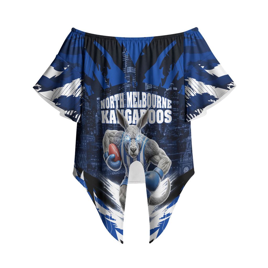 Personalised North Melbourne Kangaroos Football Off Shoulder Wrap Waist Top Fierce Kangaroo Mascot 3D Grunge City Art