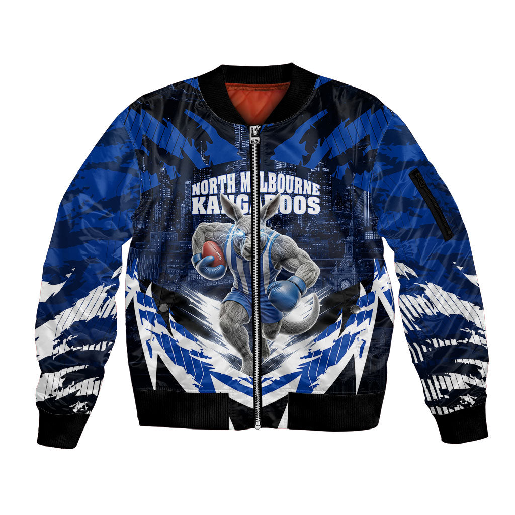 Personalised North Melbourne Kangaroos Football Sleeve Zip Bomber Jacket Fierce Kangaroo Mascot 3D Grunge City Art