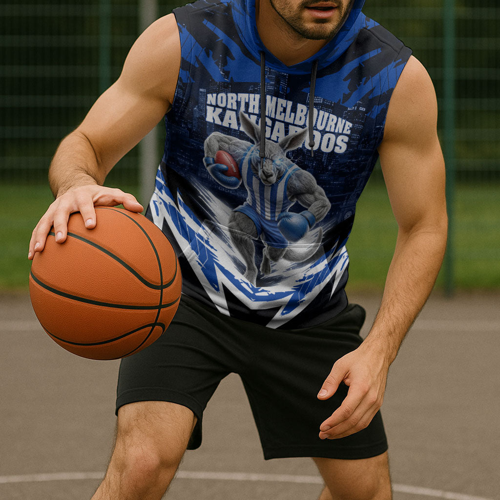 Personalised North Melbourne Kangaroos Football Sleeveless Hoodie Fierce Kangaroo Mascot 3D Grunge City Art