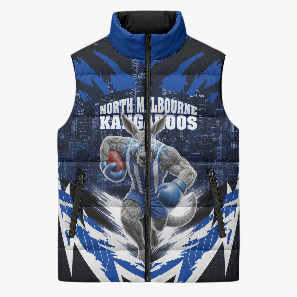 Personalised North Melbourne Kangaroos Football Sleeveless Puffer Jacket Fierce Kangaroo Mascot 3D Grunge City Art