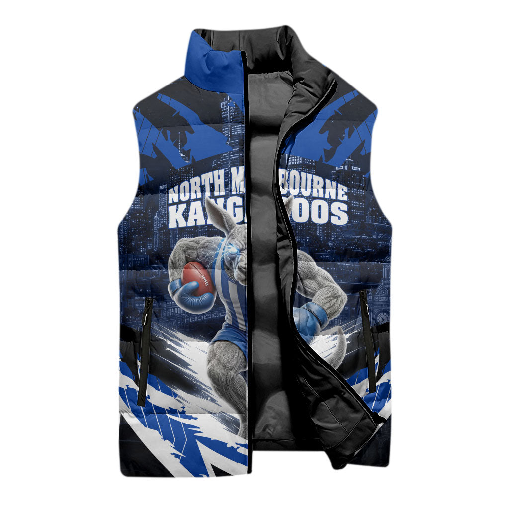 Personalised North Melbourne Kangaroos Football Sleeveless Puffer Jacket Fierce Kangaroo Mascot 3D Grunge City Art
