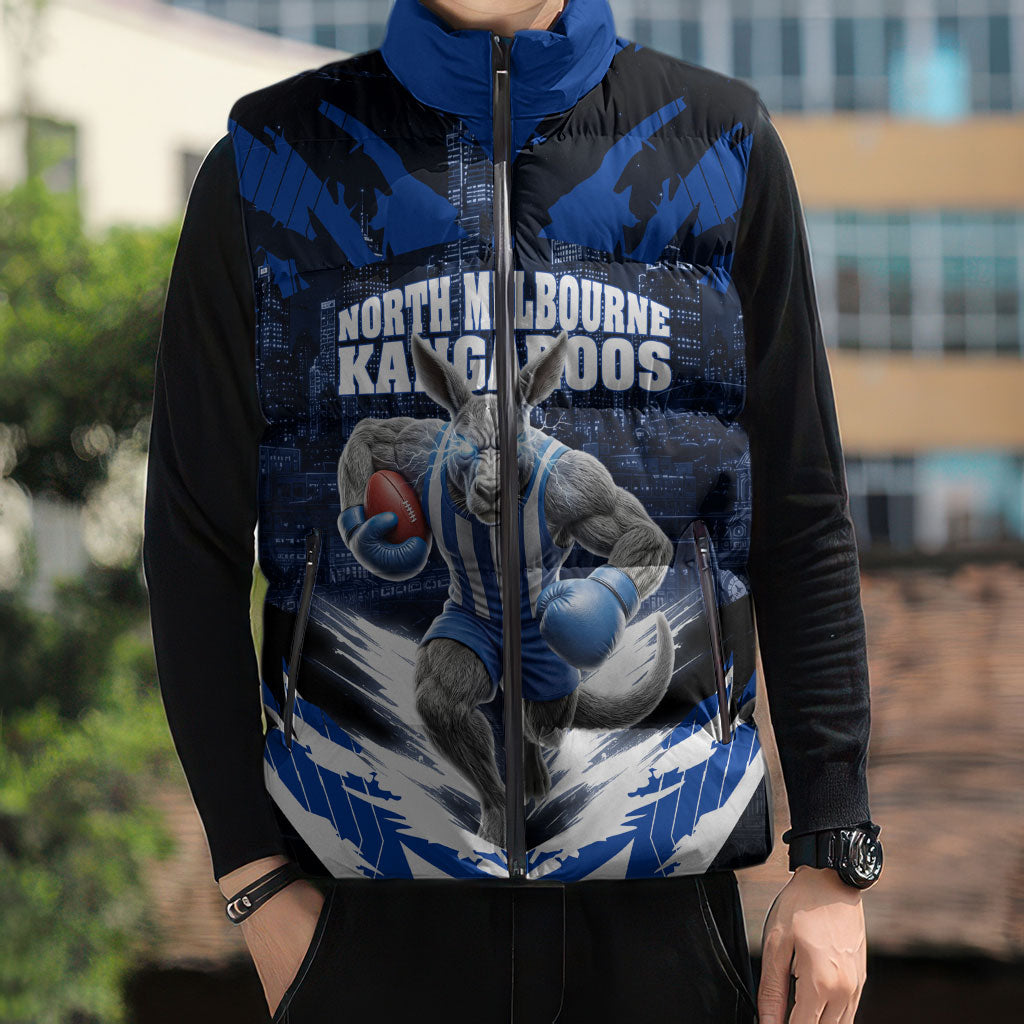Personalised North Melbourne Kangaroos Football Sleeveless Puffer Jacket Fierce Kangaroo Mascot 3D Grunge City Art