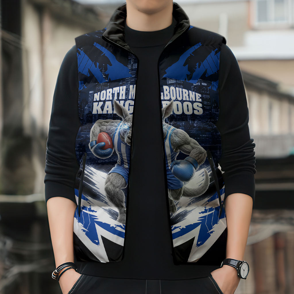 Personalised North Melbourne Kangaroos Football Sleeveless Puffer Jacket Fierce Kangaroo Mascot 3D Grunge City Art