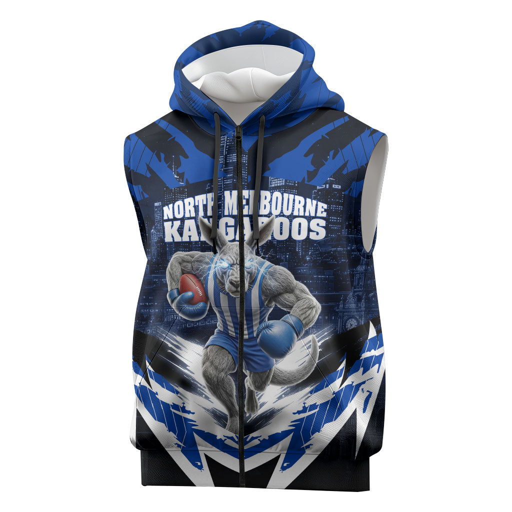 Personalised North Melbourne Kangaroos Football Sleeveless Zip Hoodie Fierce Kangaroo Mascot 3D Grunge City Art