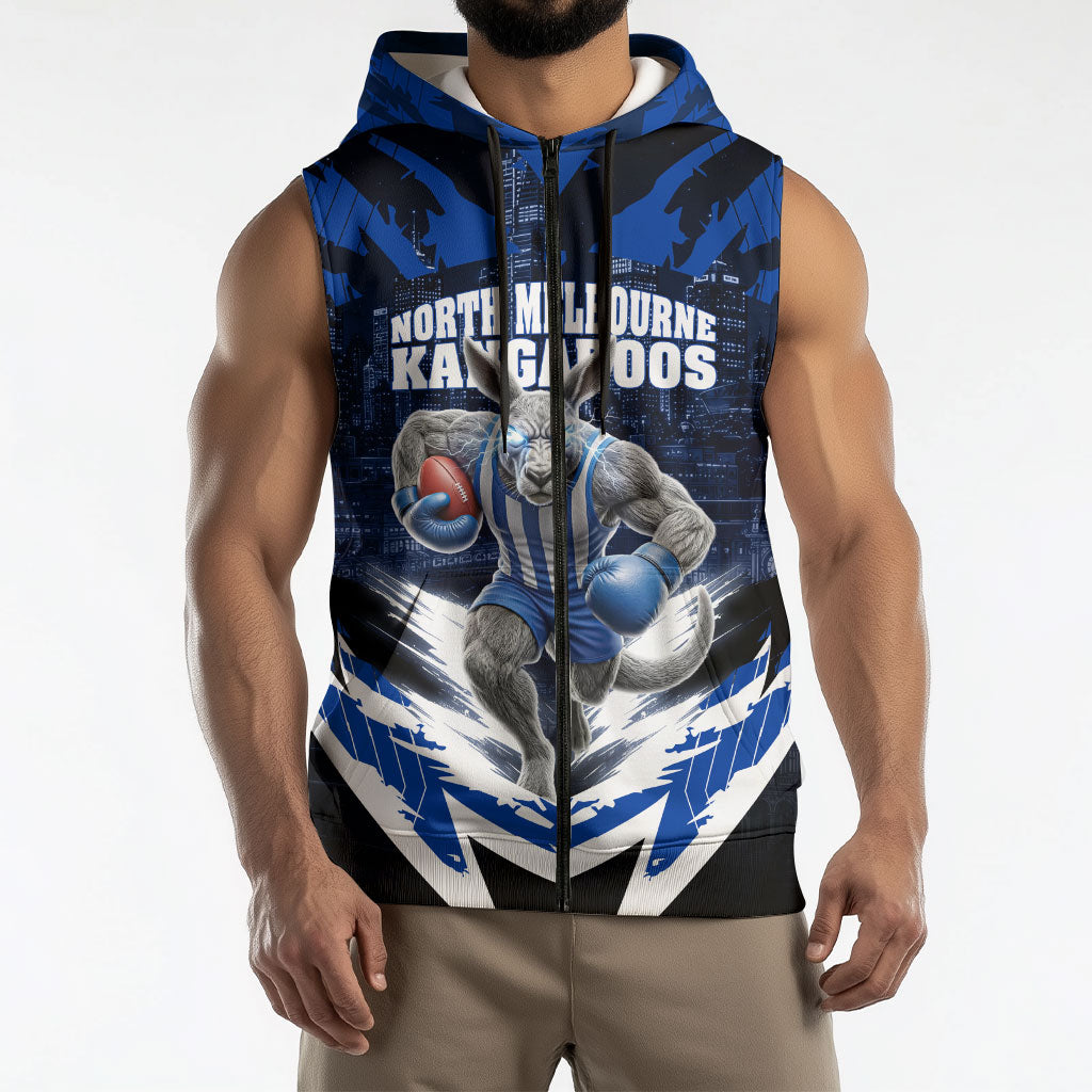 Personalised North Melbourne Kangaroos Football Sleeveless Zip Hoodie Fierce Kangaroo Mascot 3D Grunge City Art