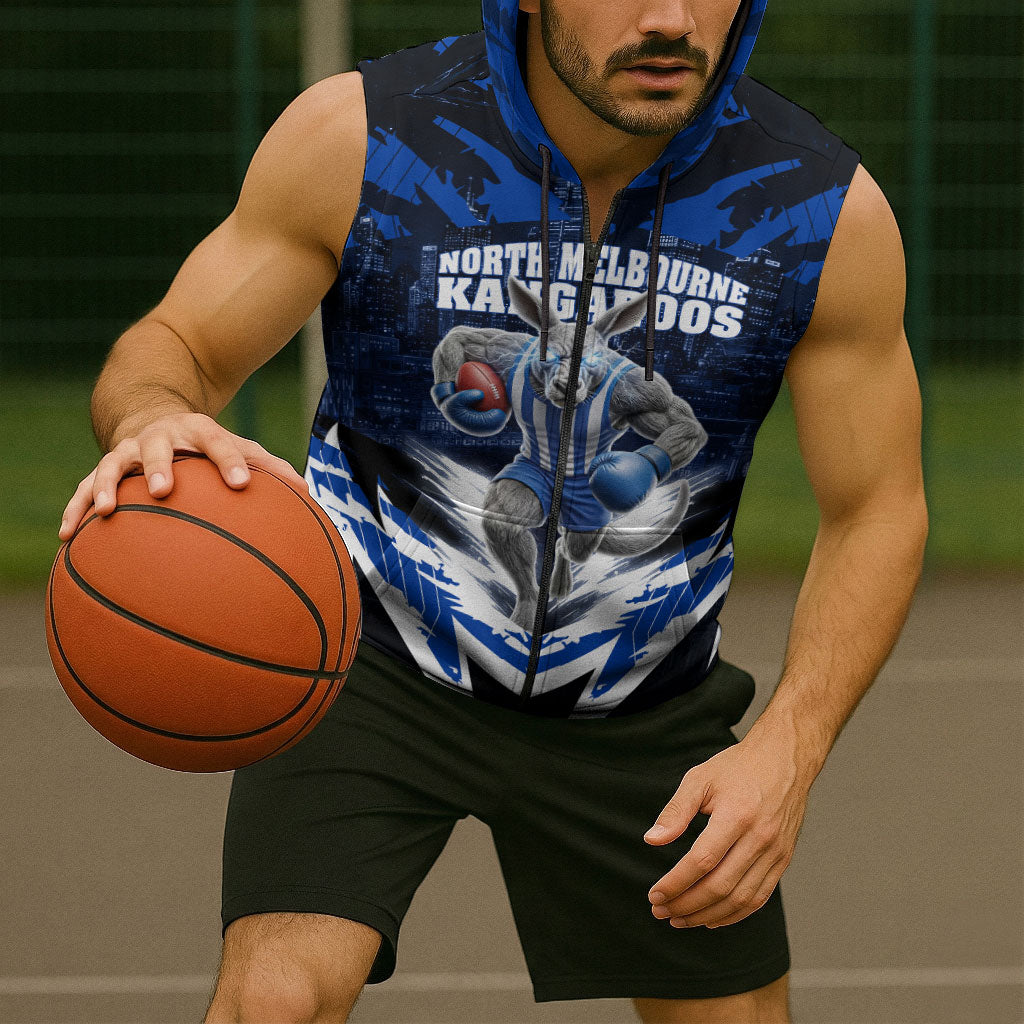Personalised North Melbourne Kangaroos Football Sleeveless Zip Hoodie Fierce Kangaroo Mascot 3D Grunge City Art