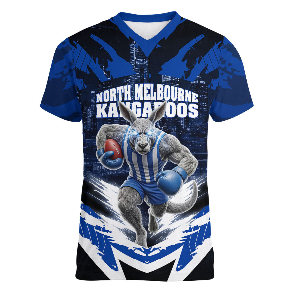 Personalised North Melbourne Kangaroos Football Women V-Neck T-Shirt Fierce Kangaroo Mascot 3D Grunge City Art