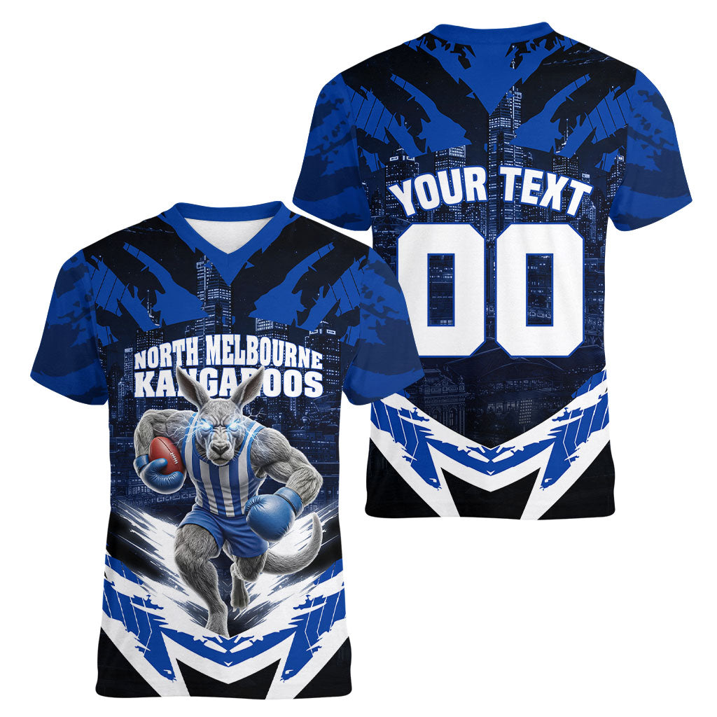 Personalised North Melbourne Kangaroos Football Women V-Neck T-Shirt Fierce Kangaroo Mascot 3D Grunge City Art