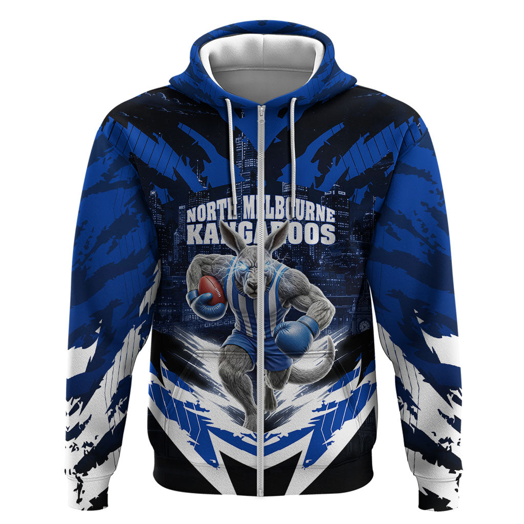 Personalised North Melbourne Kangaroos Football Zip Hoodie Fierce Kangaroo Mascot 3D Grunge City Art