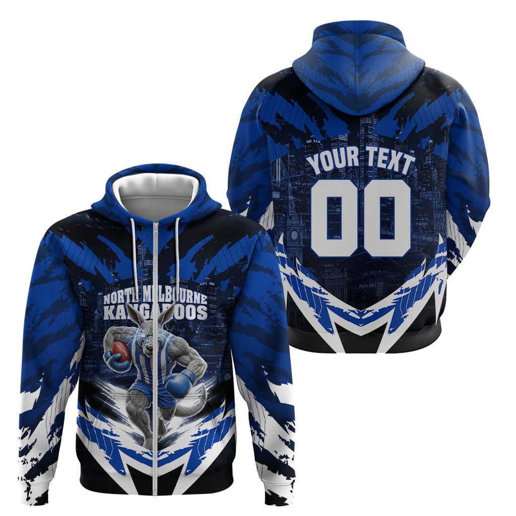 Personalised North Melbourne Kangaroos Football Zip Hoodie Fierce Kangaroo Mascot 3D Grunge City Art
