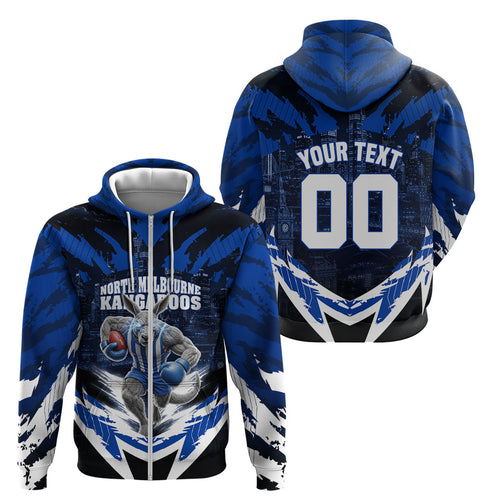 Personalised North Melbourne Kangaroos Football Zip Hoodie Fierce Kangaroo Mascot 3D Grunge City Art