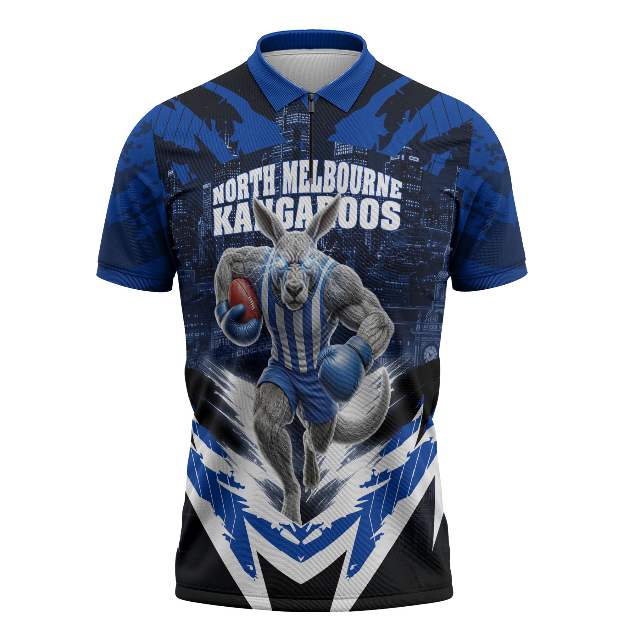 Personalised North Melbourne Kangaroos Football Zipper Polo Shirt Fierce Kangaroo Mascot 3D Grunge City Art