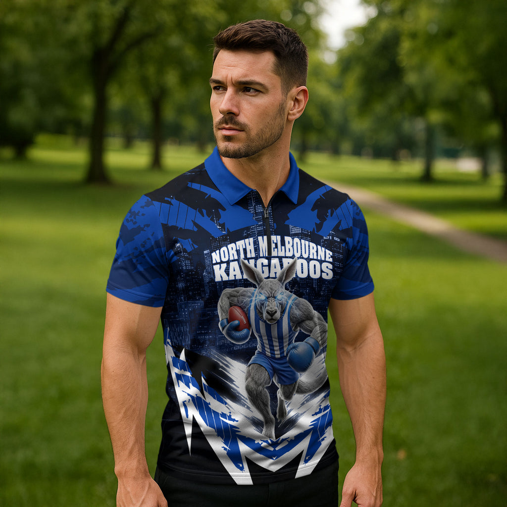Personalised North Melbourne Kangaroos Football Zipper Polo Shirt Fierce Kangaroo Mascot 3D Grunge City Art