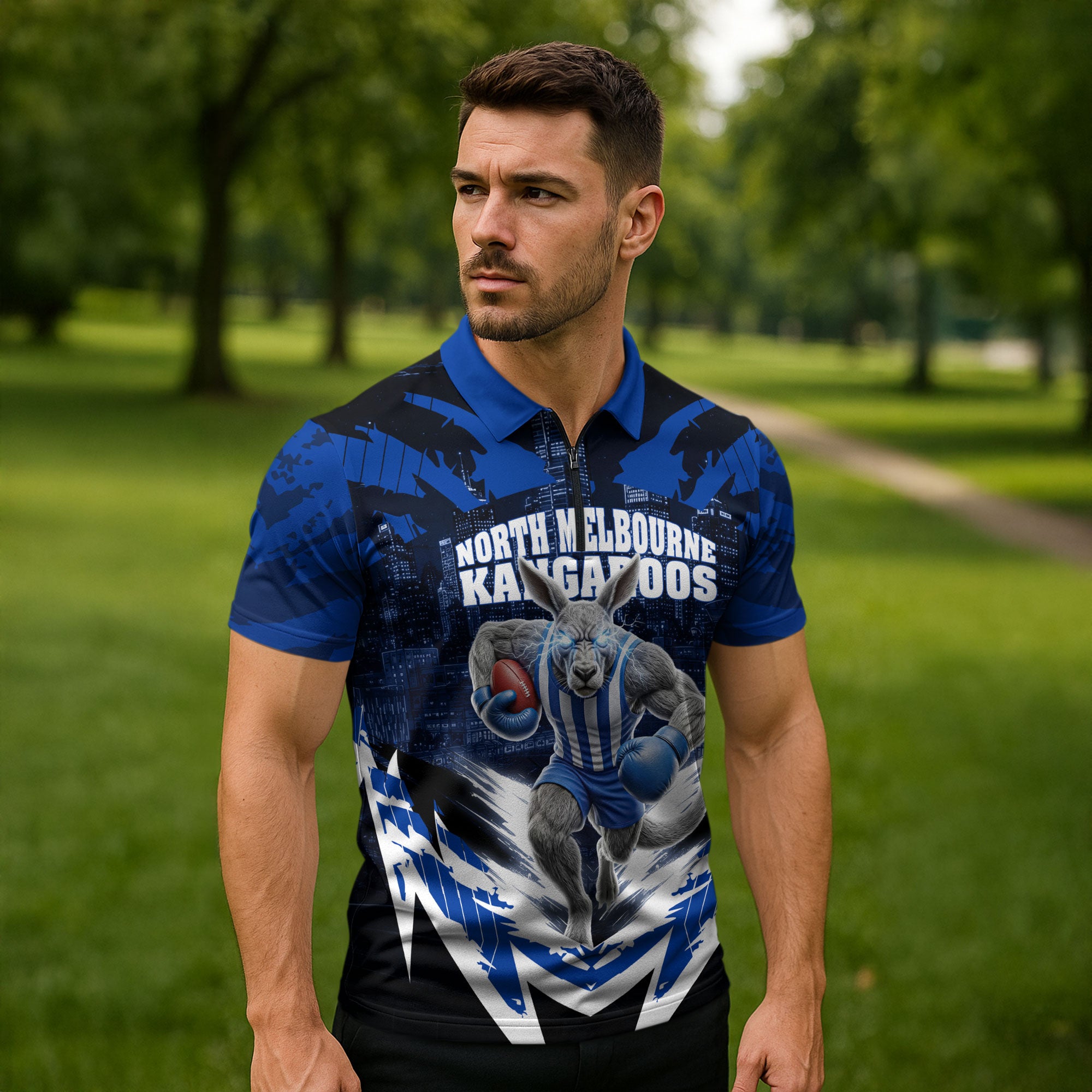 Personalised North Melbourne Kangaroos Football Zipper Polo Shirt Fierce Kangaroo Mascot 3D Grunge City Art