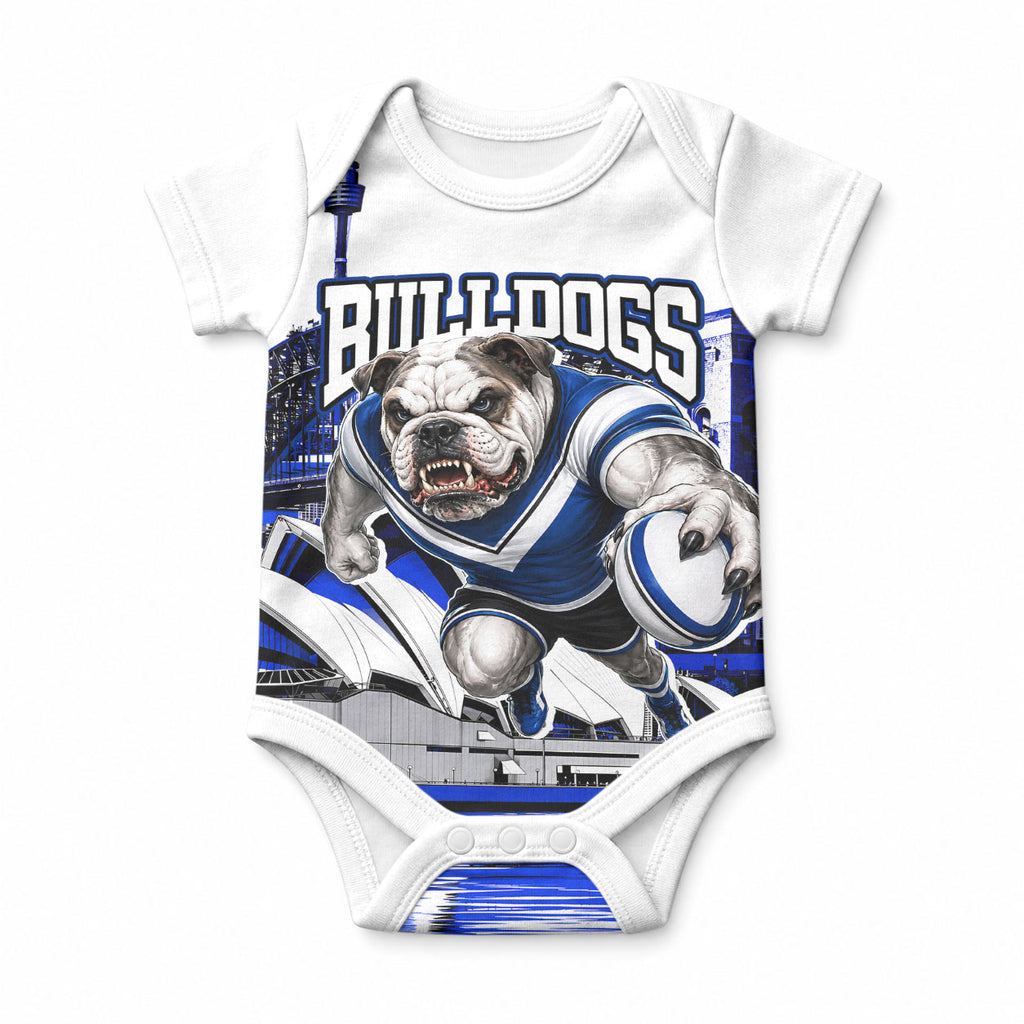 Personalised Canterbury Bankstown Bulldogs Baby Onesie Rugby Mascot Sydney City Skyline