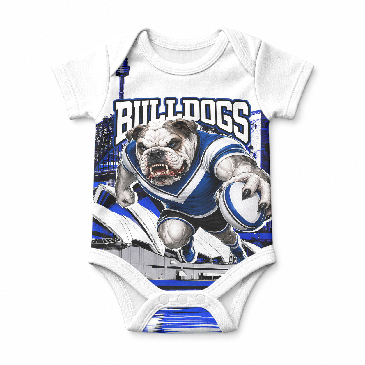 Personalised Canterbury Bankstown Bulldogs Baby Onesie Rugby Mascot Sydney City Skyline