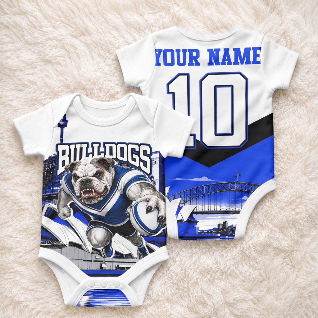 Personalised Canterbury Bankstown Bulldogs Baby Onesie Rugby Mascot Sydney City Skyline