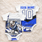 Personalised Canterbury Bankstown Bulldogs Baby Onesie Rugby Mascot Sydney City Skyline