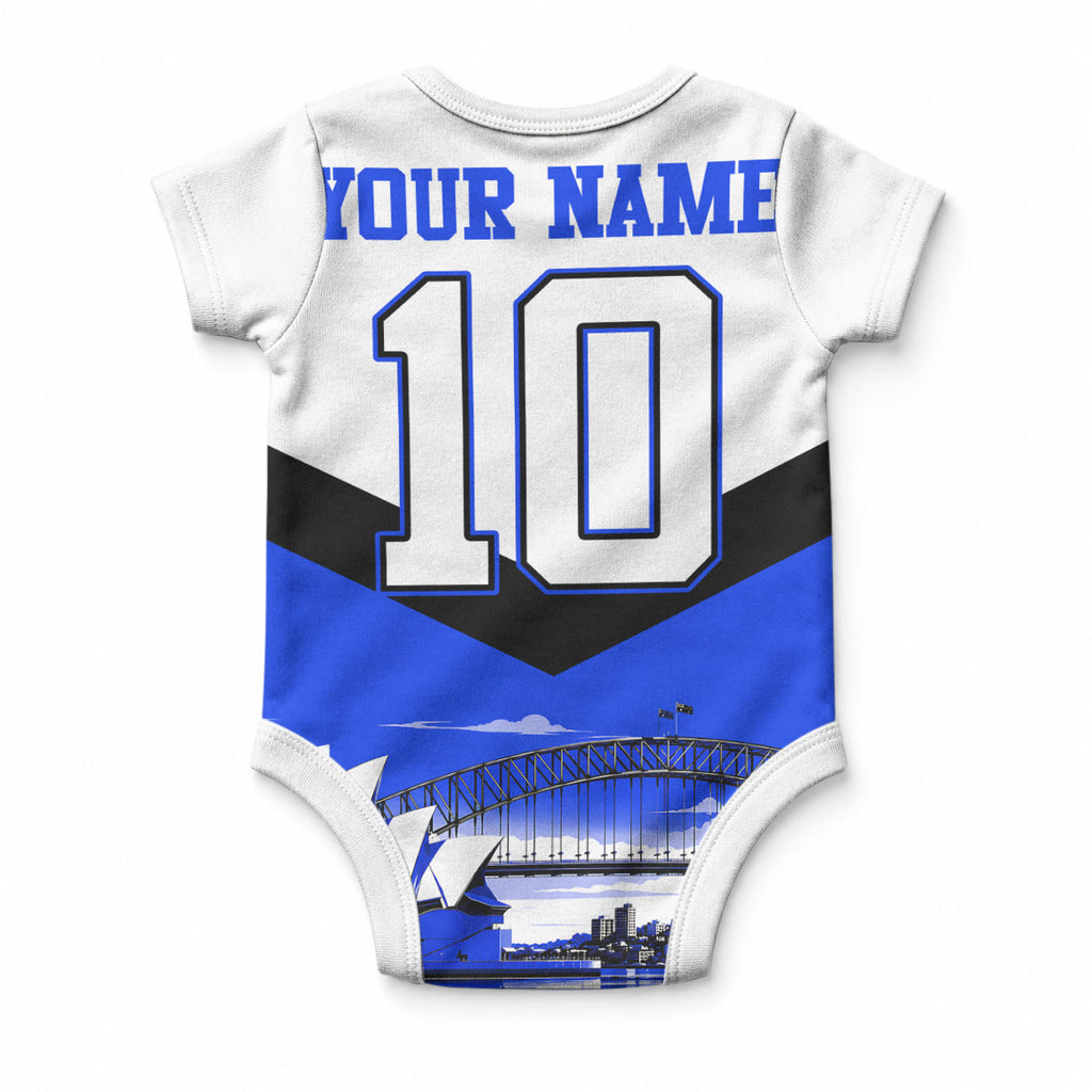 Personalised Canterbury Bankstown Bulldogs Baby Onesie Rugby Mascot Sydney City Skyline