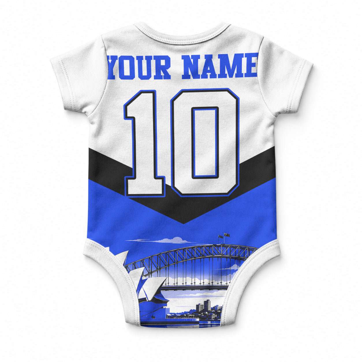 Personalised Canterbury Bankstown Bulldogs Baby Onesie Rugby Mascot Sydney City Skyline