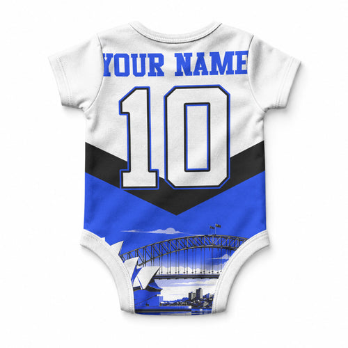 Personalised Canterbury Bankstown Bulldogs Baby Onesie Rugby Mascot Sydney City Skyline