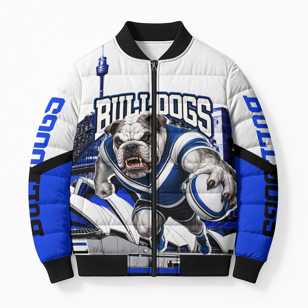 Personalised Canterbury Bankstown Bulldogs Bomber Puffer Jacket Rugby Mascot Sydney City Skyline