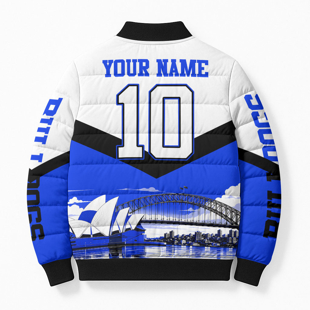 Personalised Canterbury Bankstown Bulldogs Bomber Puffer Jacket Rugby Mascot Sydney City Skyline