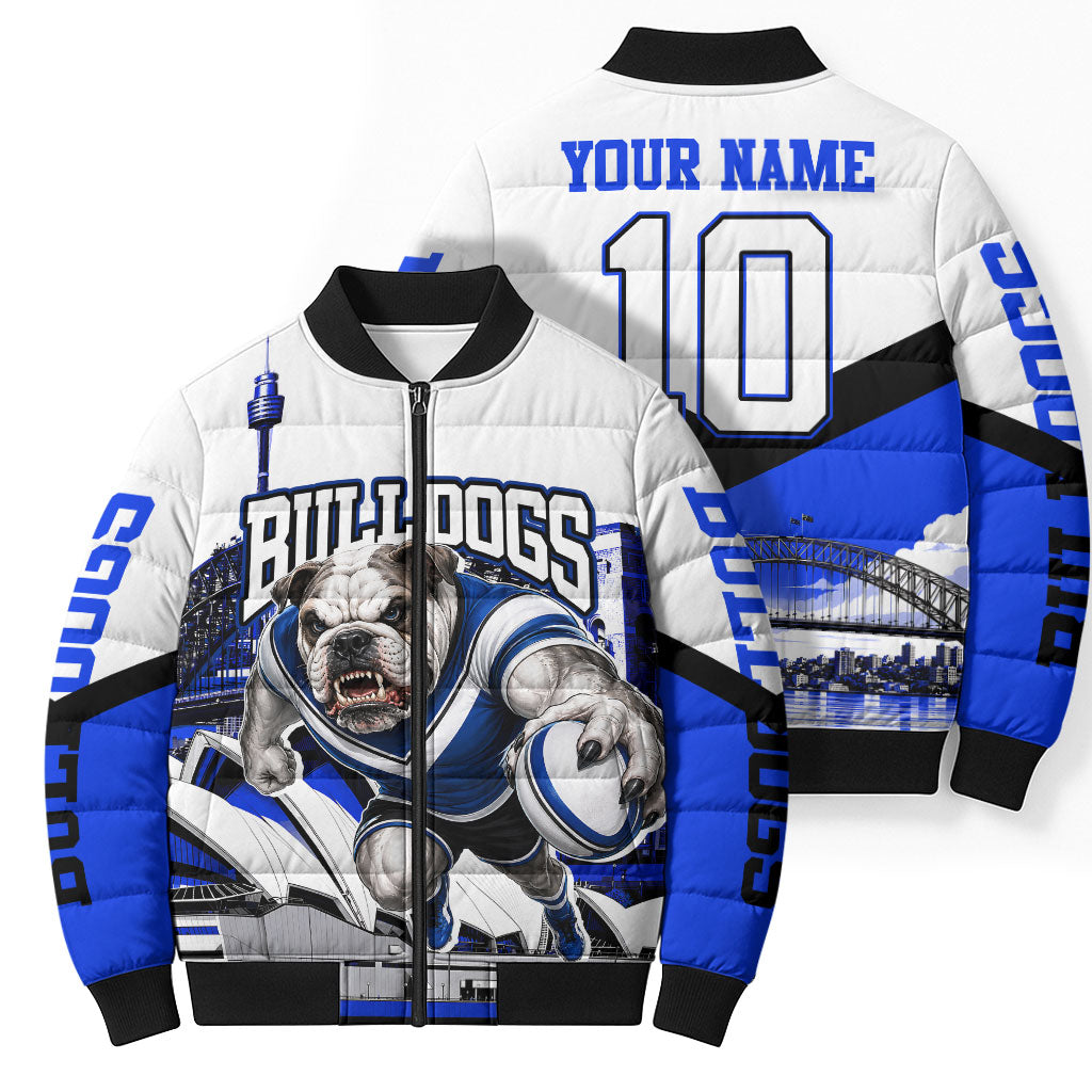 Personalised Canterbury Bankstown Bulldogs Bomber Puffer Jacket Rugby Mascot Sydney City Skyline