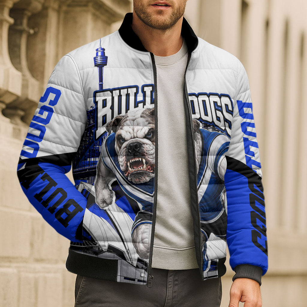 Personalised Canterbury Bankstown Bulldogs Bomber Puffer Jacket Rugby Mascot Sydney City Skyline