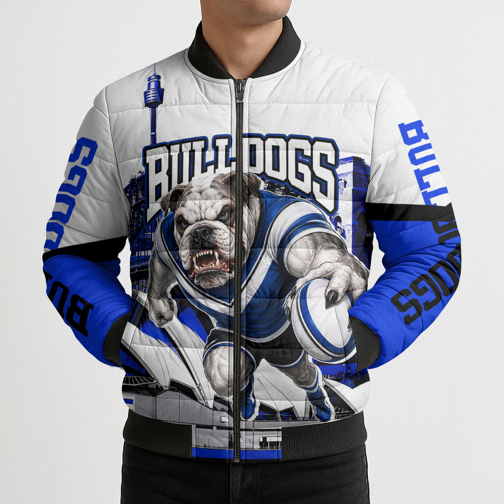 Personalised Canterbury Bankstown Bulldogs Bomber Puffer Jacket Rugby Mascot Sydney City Skyline