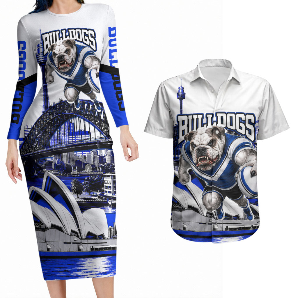 Personalised Canterbury Bankstown Bulldogs Couples Matching Long Sleeve Bodycon Dress and Hawaiian Shirt Rugby Mascot Sydney City Skyline