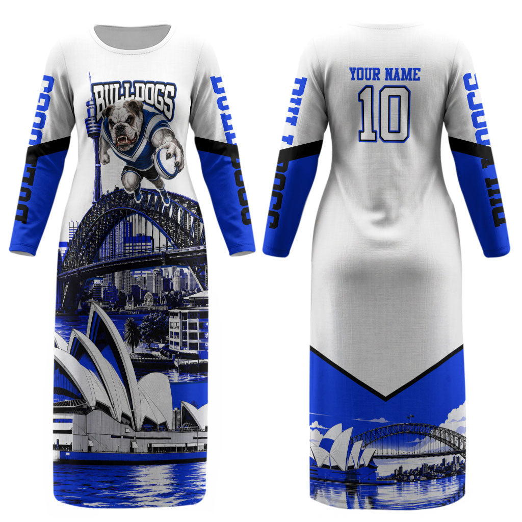 Personalised Canterbury Bankstown Bulldogs Couples Matching Long Sleeve Bodycon Dress and Hawaiian Shirt Rugby Mascot Sydney City Skyline