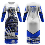 Personalised Canterbury Bankstown Bulldogs Couples Matching Long Sleeve Bodycon Dress and Hawaiian Shirt Rugby Mascot Sydney City Skyline