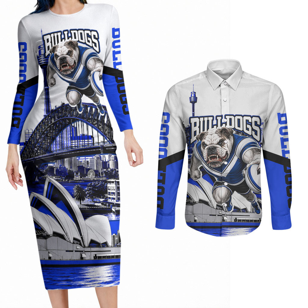 Personalised Canterbury Bankstown Bulldogs Couples Matching Long Sleeve Bodycon Dress and Long Sleeve Button Shirt Rugby Mascot Sydney City Skyline