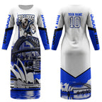 Personalised Canterbury Bankstown Bulldogs Couples Matching Long Sleeve Bodycon Dress and Long Sleeve Button Shirt Rugby Mascot Sydney City Skyline