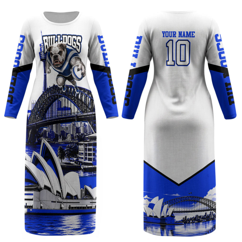 Personalised Canterbury Bankstown Bulldogs Couples Matching Long Sleeve Bodycon Dress and Long Sleeve Button Shirt Rugby Mascot Sydney City Skyline