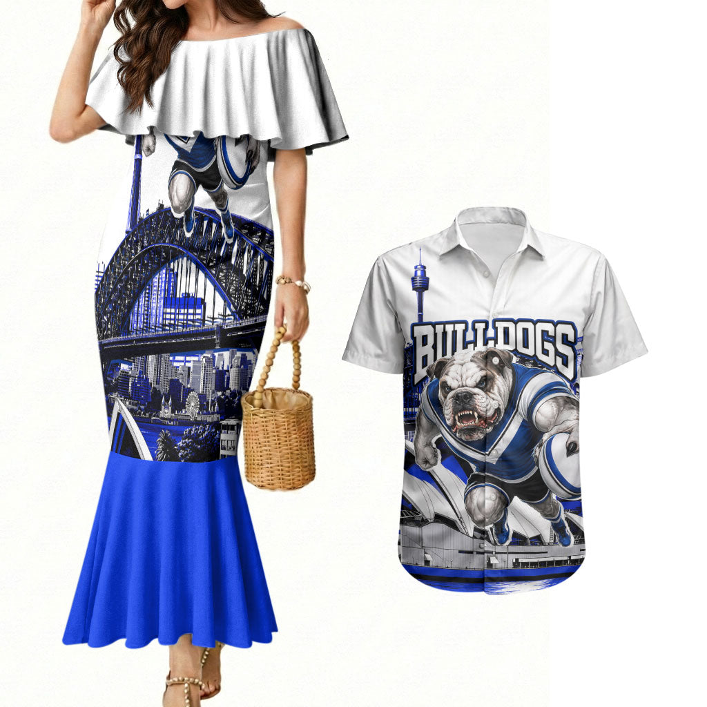 Personalised Canterbury Bankstown Bulldogs Couples Matching Mermaid Dress and Hawaiian Shirt Rugby Mascot Sydney City Skyline