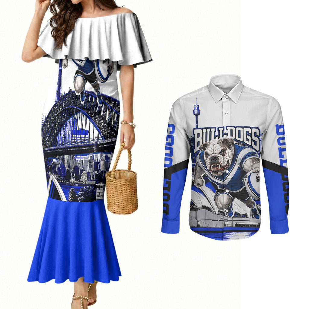 Personalised Canterbury Bankstown Bulldogs Couples Matching Mermaid Dress and Long Sleeve Button Shirt Rugby Mascot Sydney City Skyline