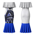 Personalised Canterbury Bankstown Bulldogs Couples Matching Mermaid Dress and Long Sleeve Button Shirt Rugby Mascot Sydney City Skyline